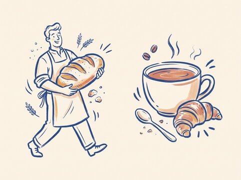 Hand drawn illustration of a baker holding fresh bread and a breakfast scene with coffee and croissant.