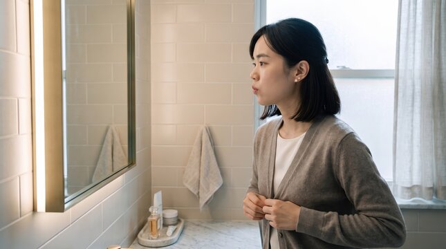 Generative AI, Asian woman getting ready in front of a bathroom mirror