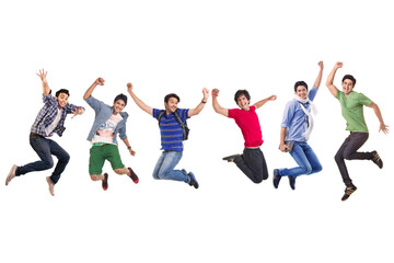 Obraz premium A group of young boys in casual clothing jumping with various body gestures 