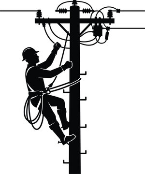 Silhouette vector illustration of electrician lineman climbing utility pole for power line maintenance and repairs