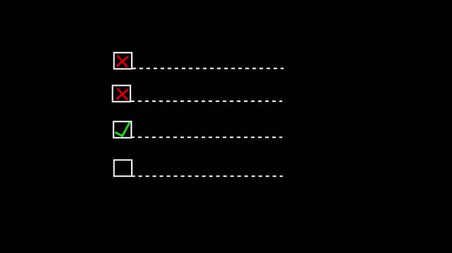  checklist on the dashed line icon with check marks and cross animation on black background. Question and answer checklist with right or wrong concept checklist box with alpha channel in 4k.