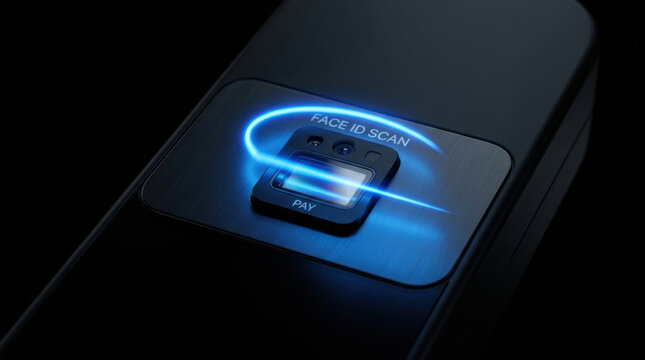 Face id scan device with glowing blue light for retail tech and e commerce payment security