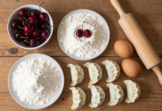 Preparing homemade dumplings with fresh cherries, flour, and eggs