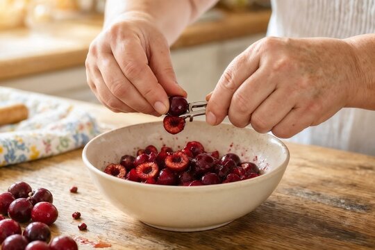 Hands pitting fresh cherries over a bowl for baking or preserving
