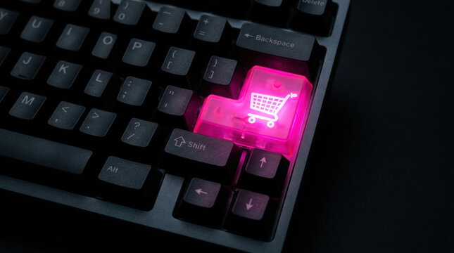 Online retail concept with glowing shopping cart key on black computer keyboard symbolizing e commerce and tech innovation