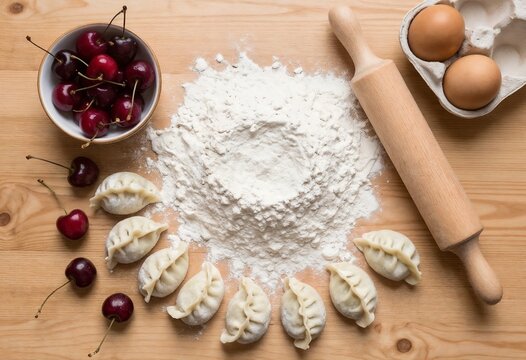 Preparing homemade dumplings with fresh cherries and baking ingredients