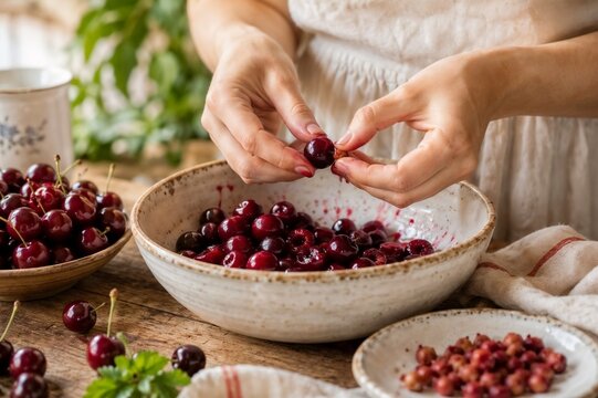 Woman's hands pitting fresh cherries into a rustic bowl for baking