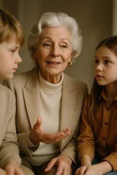 Smiling grandmother talking with two attentive grandchildren, multigenerational family bonding and sharing life stories in warm cozy home.