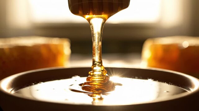 Thick, golden honey is drizzled from a wooden dipper, coiling into a pool of honey in a bowl. The backlighting highlights the honey's viscous texture and amber color.