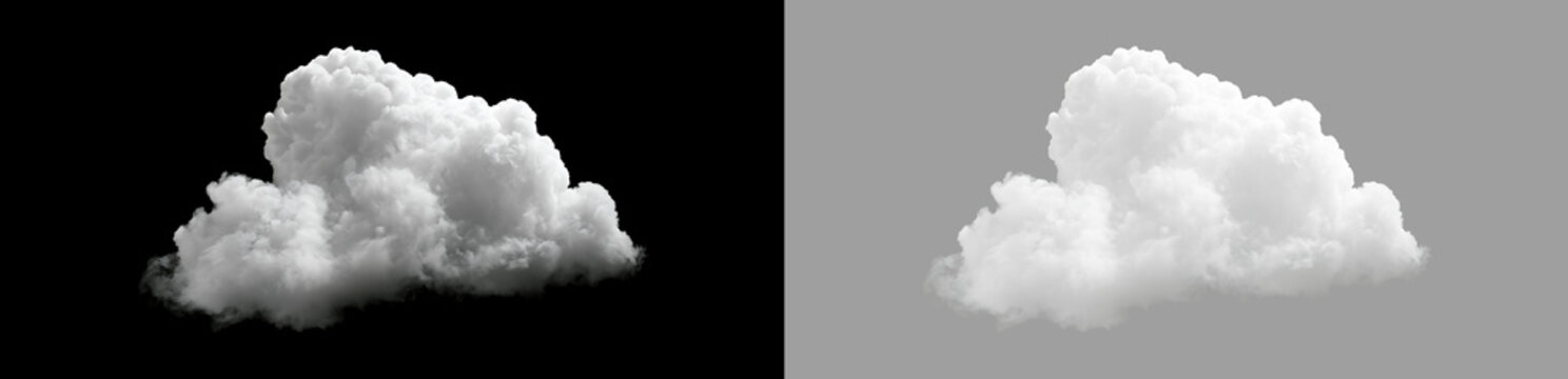 White fluffy cumulus cloud cutout isolated on black and transparent background. Isolated realistic cloud element for graphic design overlay