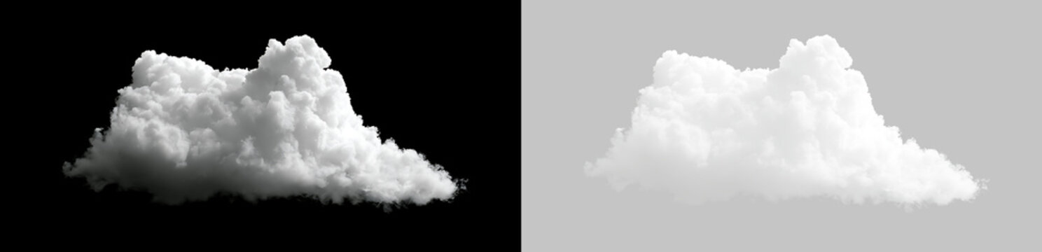 Isolated white cloud cutout with shadow details on black and transparent background. Realistic fluffy sky element for design overlay