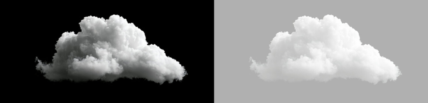 Horizontal white fluffy cloud isolated on black and transparent background. Volumetric cumulus cloud cutout for photo editing and compositing