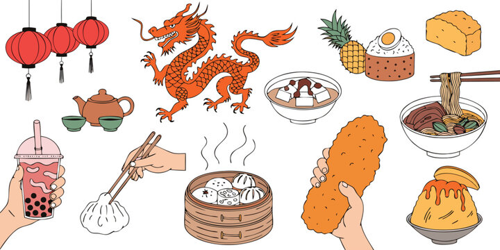 Taiwan travel landmarks and traditional street food vector illustration set with bubble tea, dim sum, fried chicken cutlet, beef noodles, and chinese dragon.