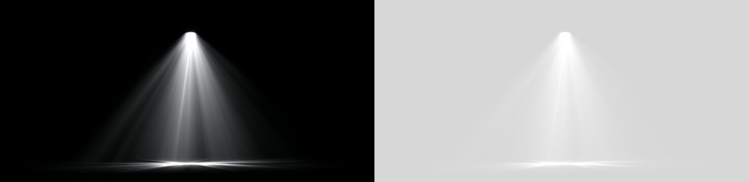 Bright spotlight beam shining down with floor reflection. White stage light effect isolated on transparent and black background. Projection spotlight beam