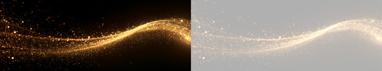 Flowing golden glitter wave with glowing sparkling particles. Magic light trail effect on dark and transparent background © Oksana
