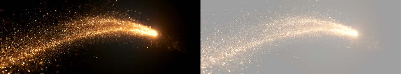 Glowing golden comet shooting star light effect overlay. Golden glitter particle trail isolated on transparent background © Oksana