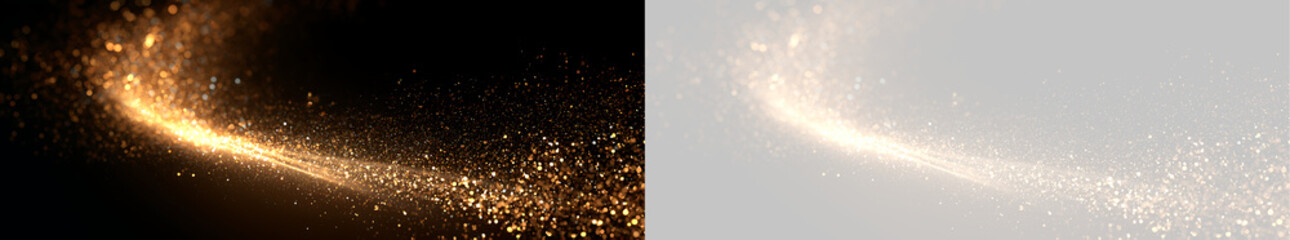 Golden glitter wave trail with glowing spark particles. Shining magic dust overlay element on black and transparent background © Oksana