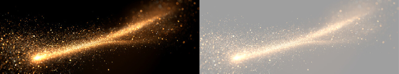Glowing golden glitter comet trail shooting diagonally. Sparkling magic dust particle stream overlay on black and transparent background © Oksana