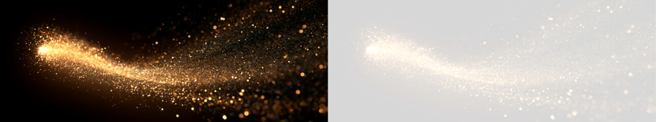 Sparkling golden glitter dust trail flowing horizontally. Glowing magic light particle wave overlay on black and transparent background © Oksana
