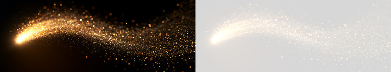 Wavy golden glitter particle trail flowing with bright spark head. Glowing magic dust stream overlay on black and transparent background © Oksana