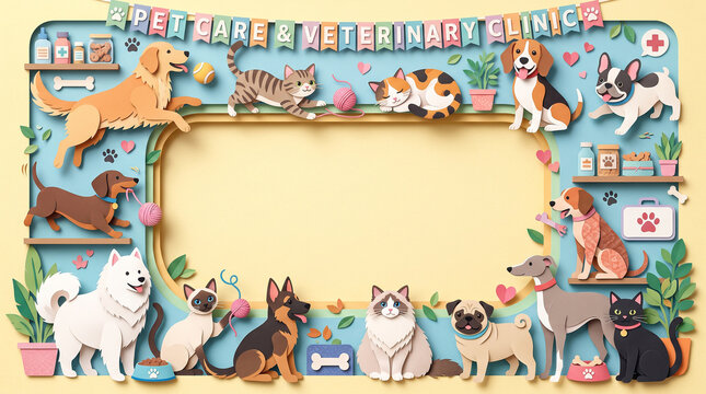 Paper art pet care and veterinary clinic banner with cute dogs, cats, pets accessories, shelves, and central blank frame for text, animal care and pet shop layout concept.