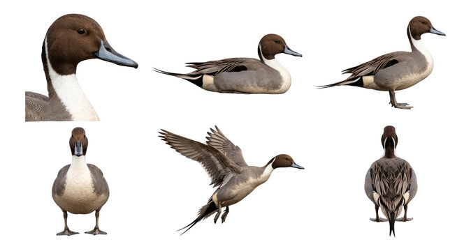 northern pintail (anas acuta) in various poses, from perched to flying