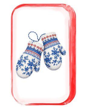 Watercolor blue floral Christmas mittens with red trim