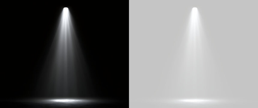 Vertical white spotlight cone effect on stage. Bright beam of light shining down isolated on transparent background