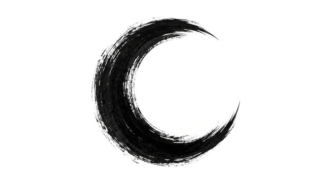 Zen enso circle brush stroke, black ink crescent moon symbol, minimalist japanese calligraphy art for meditation and yoga isolated PNG with Transparent Background