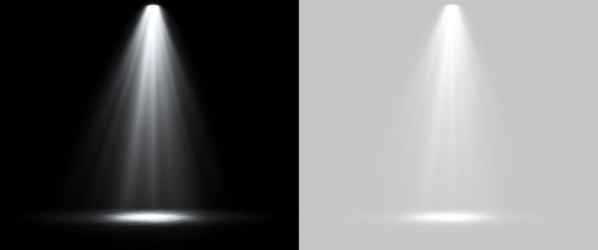 Bright spotlight beam illuminating stage floor. White light ray cone isolated on black and transparent background. Stage lighting effect