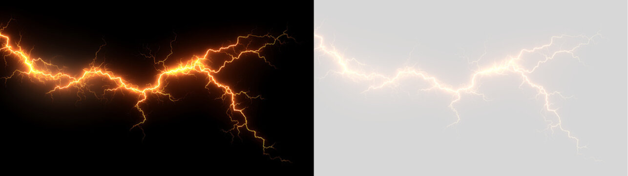 Glowing orange lightning bolt effect with electric sparks. High voltage energy discharge overlay isolated on transparent and black background