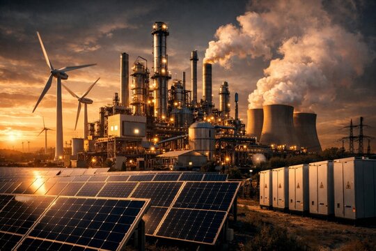 Power plant with solar panels, wind turbines and battery storage at sunset, showing renewable and industrial energy mix.