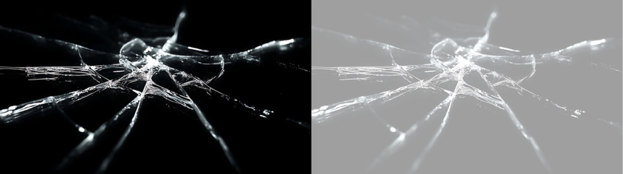 Low angle cracked glass texture overlay on black and transparent grid. Shattered window effect with spiderweb impact fracture