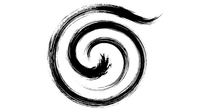 Zen brush stroke spiral, black ink calligraphy swirl, hand drawn artistic circular flourish, minimalist japanese sumi-e style vortex isolated PNG with Transparent Background