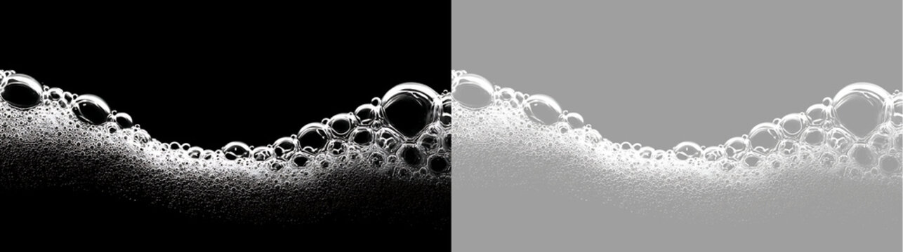 Soapy bubble foam texture on black and transparent background. White lather layer overlay for bath and skincare design