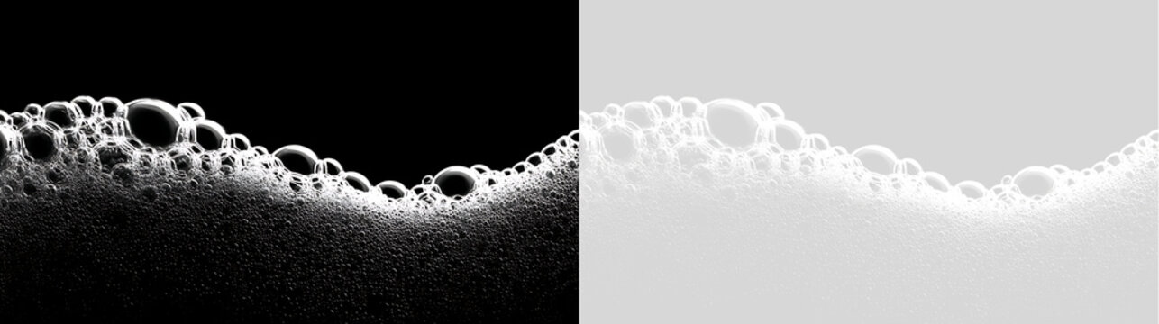 White soap foam wave texture on black and transparent background. Soap lather bubbles overlay for cleaning product banner