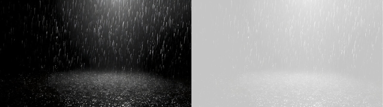 Vertical rain downpour overlay with top spotlight. Water drops hitting wet floor with reflection