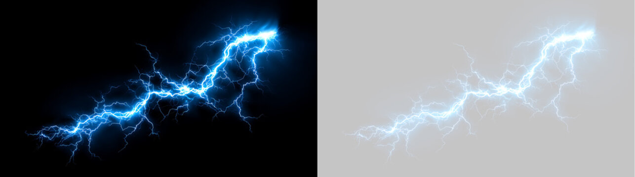Bright blue lightning energy discharge effect on black and transparent background. Electrical plasma strike overlay element