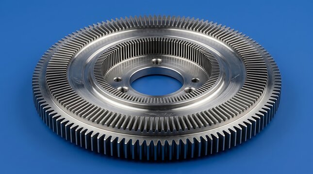 A futuristic white minimalist mechanical gear component with intricate radial blades isolated against a clean vibrant blue background