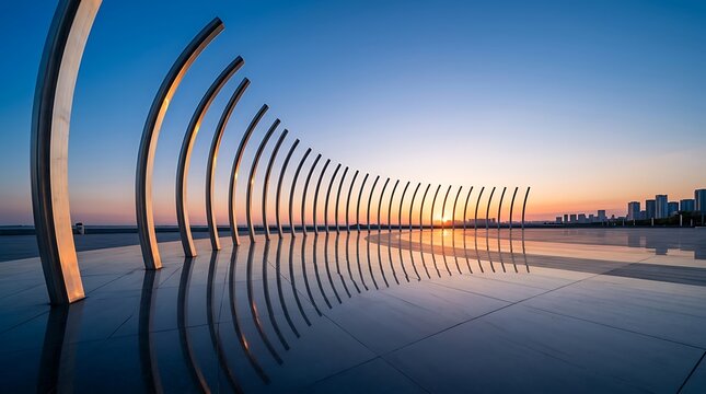 Futuristic white minimalist sculpture installation featuring curved arches reflecting on a wet surface during a beautiful golden hour sunset