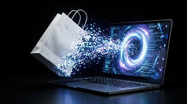 E commerce retail tech concept with digital shopping bag emerging from laptop screen showing futuristic data and technology interface