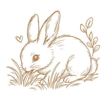 Rabbit nibbling on grass in a sketch style with foliage accents  
