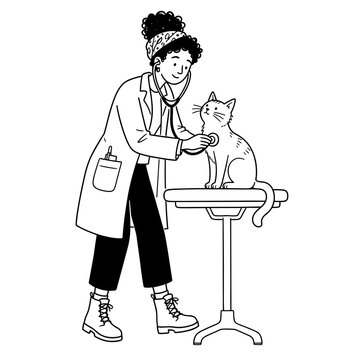Veterinarian examining a cat in a clinic with a friendly expression  