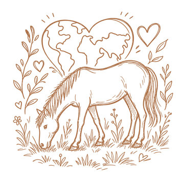 Horse grazing in a field with earth heart and floral design  