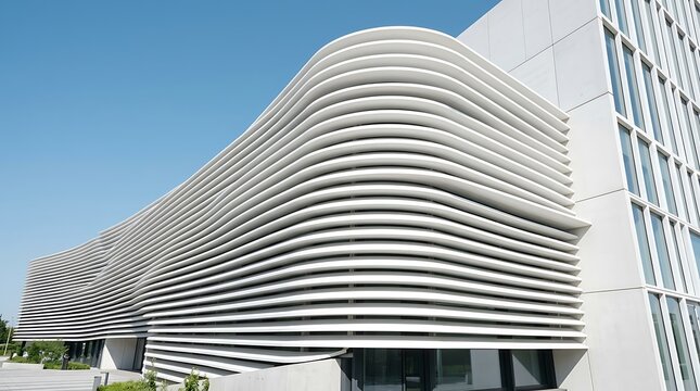 A stunning view of a futuristic white minimalist building exterior featuring modern curved architectural lines and a bright blue sky