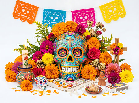 Traditional day of the dead ofrenda display with decorated skull and flowers