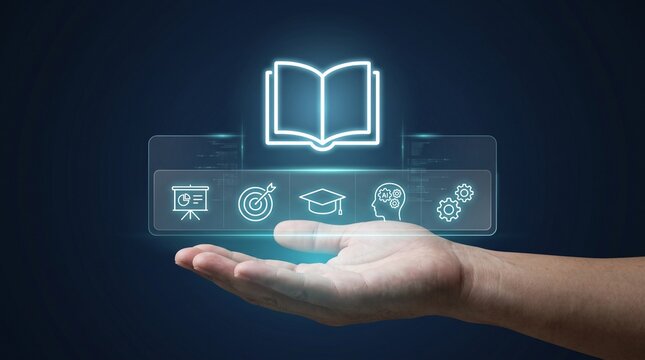 Hand presenting holographic education icons and digital book for online learning concept