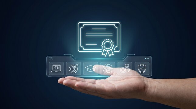 Hand holding digital certificate icon representing AI knowledge management and online education