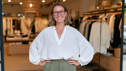 Fototapeta premium Young woman smiling confidently in a clothing store interior 