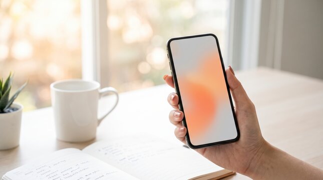 Blank phone screen mockup in hand at a bright home office window workspace